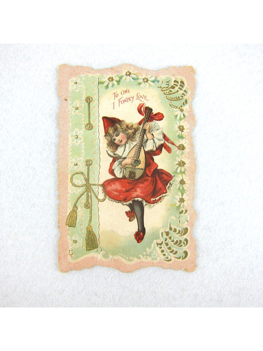 Antique Valentine Blonde Girl Minstrel Play Lute Red Dress Hat Embossed UNSIGNED